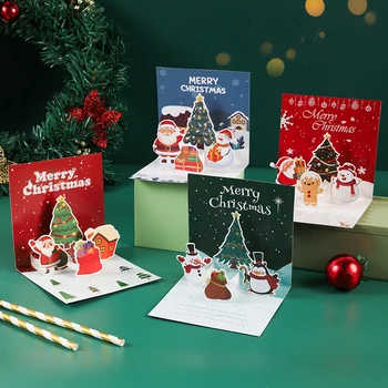 1 комплект 3D ярких рождественских открыток Веселый Санта Клаус Снеговик Лось Рождественские Поздравительные открытки для праздничных принадлежностей - Изображение 1  