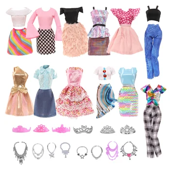 16 шт./компл. 30-сантиметровая кукольная одежда и аксессуары Включают в себя 4 модных платья, 6 корон, 6 ожерелий для Барби, игрушки для девочек, переодевания - Изображение 1  