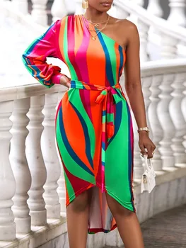2023 Летние платья для женщин, Цветное платье Миди с одним плечом, Vestidos De Mujer, Повседневный элегантный халат, женский - Изображение 1  