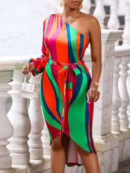 2023 Летние платья для женщин, Цветное платье Миди с одним плечом, Vestidos De Mujer, Повседневный элегантный халат, женский - Изображение 2  