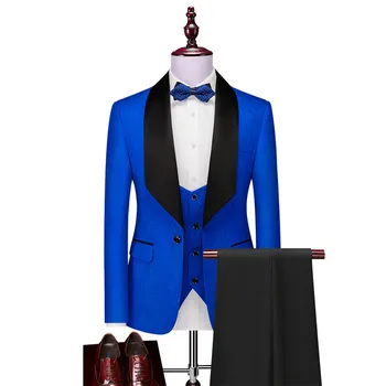 2023 Новые мужские костюмы королевского синего / черного цвета, шаль жениха, атласный лацкан, лучший жених на свадьбе, лучший мужчина (куртка + брюки + жилет) - Изображение 1  