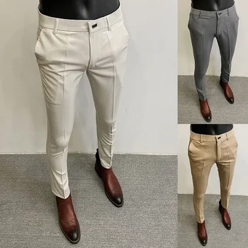 2024 Весна-лето, деловые облегающие костюмные брюки, Мужские Высококачественные однотонные повседневные социальные брюки, Брендовые Классические рабочие брюки - Изображение 1  