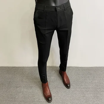 2024 Весна-лето, деловые облегающие костюмные брюки, Мужские Высококачественные однотонные повседневные социальные брюки, Брендовые Классические рабочие брюки - Изображение 2  