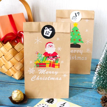 24 комплекта подарочных пакетов с Рождественским Адвент-календарем Санта-Клаус, Снеговик, Крафт-бумажный пакет, Декор для Рождественской вечеринки, Пакеты для упаковки конфет и печенья - Изображение 2  