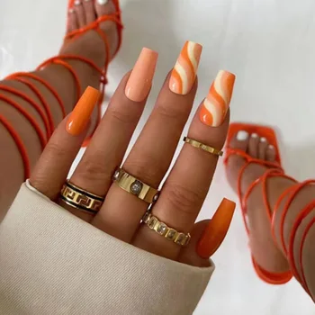 24шт Французский нейл-арт с полным покрытием Накладные ногти многоразового использования Оранжево-белые накладные ногти Ballerina Press на сверхдлинных квадратных кончиках ногтей - Изображение 1  