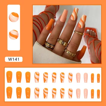 24шт Французский нейл-арт с полным покрытием Накладные ногти многоразового использования Оранжево-белые накладные ногти Ballerina Press на сверхдлинных квадратных кончиках ногтей - Изображение 2  