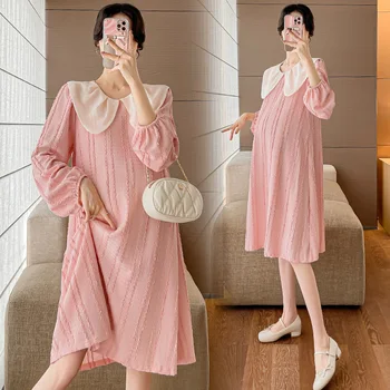 2623 # 2023 Осеннее Корейское модное платье для беременных, Милая Свободная одежда с круглым вырезом для беременных женщин, милая одежда для беременных - Изображение 1  