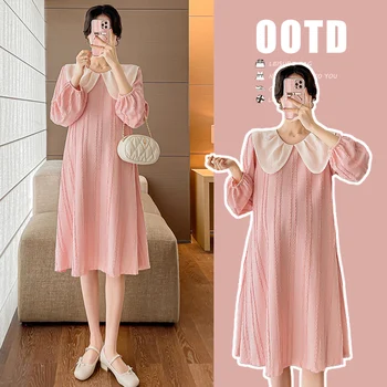 2623 # 2023 Осеннее Корейское модное платье для беременных, Милая Свободная одежда с круглым вырезом для беременных женщин, милая одежда для беременных - Изображение 2  