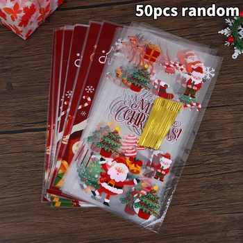 50шт Пакет для упаковки рождественских конфет с ленточными завязками, Пластиковые пакеты для выпечки печенья, Рождественские пакеты для детских вечеринок, пакеты для упаковки сувениров - Изображение 1  