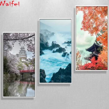 5d diy алмазная живопись 3 панели Японское Крепление Fuji Цветок Вишни пейзаж Домашнего Декора Картина полная дрель алмазная вышивка - Изображение 2  