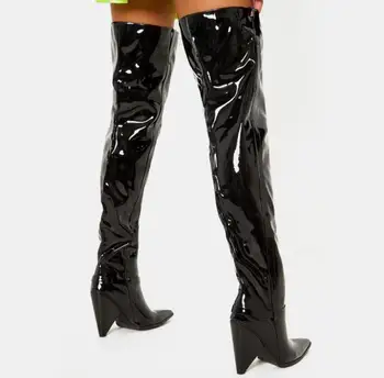 Dipsloot / Новые женские модные черные сапоги из лакированной кожи на высоком каблуке, сапоги до бедра, на молнии с острым носком, длиной 10 см выше колена - Изображение 1  