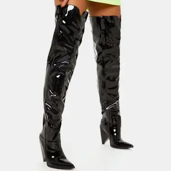 Dipsloot / Новые женские модные черные сапоги из лакированной кожи на высоком каблуке, сапоги до бедра, на молнии с острым носком, длиной 10 см выше колена - Изображение 2  
