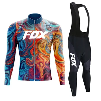 FOX TELEYI Комплект из Джерси для велоспорта с длинным рукавом, нагрудник, Брюки Ropa Ciclismo, Велосипедная Одежда, Джерси для MTB Велосипеда, Осенняя Униформа, Мужская одежда - Изображение 2  