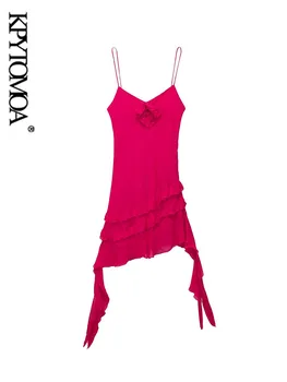KPYTOMOA Женская мода С оборками Цветочные аппликации Мини-платье Сексуальное с открытой спиной на тонких бретелях Женские платья Vestidos Mujer - Изображение 1  