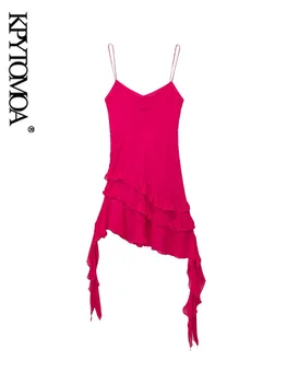 KPYTOMOA Женская мода С оборками Цветочные аппликации Мини-платье Сексуальное с открытой спиной на тонких бретелях Женские платья Vestidos Mujer - Изображение 2  