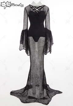 Meowcos, сексуальное женское готическое вязаное платье из темной сетки, черное длинное платье с рукавами 