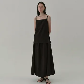 MO * Комплект из топа на бретелях и юбки на подтяжках для женщин, весна-лето 2023, новая льняная дышащая юбка трапециевидной формы, выглядит стройнее - Изображение 1  