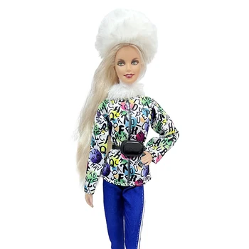 NK 1 комплект спортивный костюм с надписью Princess doll's: шляпа + топ + брюки + черная сумка для куклы Барби 1/6 одежда Игрушки аксессуары - Изображение 2  