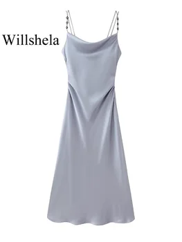 Willshela, женское модное светло-голубое плиссированное платье Миди с открытой спиной, Винтажные тонкие бретельки, распашной воротник, женские шикарные платья для леди - Изображение 1  