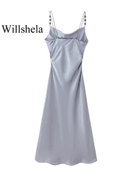 Willshela, женское модное светло-голубое плиссированное платье Миди с открытой спиной, Винтажные тонкие бретельки, распашной воротник, женские шикарные платья для леди - Изображение 2  