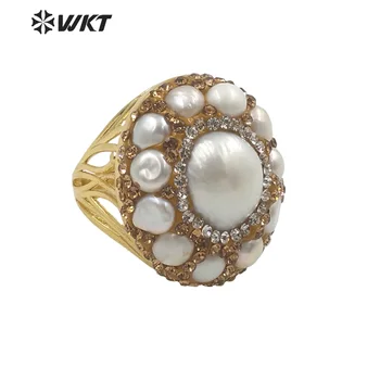 WT-MPR046 WKT Новейшее кольцо со стразами ручной работы с несколькими жемчужинами, женское Позолоченное Пресноводное Свадебное кольцо в подарок - Изображение 1  