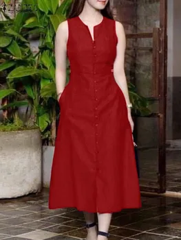 ZANZEA Элегантное платье Миди с V-образным вырезом, летний сарафан 2024, женский модный однотонный праздничный халат без рукавов, повседневные Свободные вечерние платья - Изображение 1  
