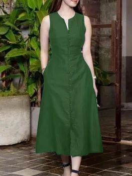 ZANZEA Элегантное платье Миди с V-образным вырезом, летний сарафан 2024, женский модный однотонный праздничный халат без рукавов, повседневные Свободные вечерние платья - Изображение 2  