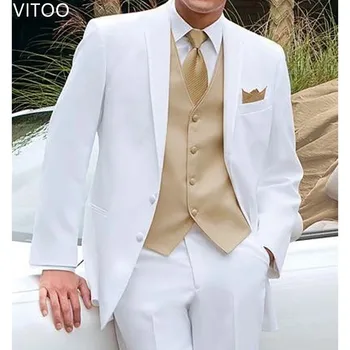 Белый смокинг жениха из 3 частей, свадебный костюм бойфренда на заказ, мужской костюм, пиджак, золотой жилет с брюками, модная одежда для официальных мероприятий - Изображение 1  