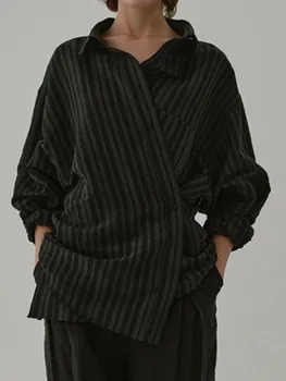 Винтажные блузки в полоску с карманами, женские осенние однобортные Модные простые рубашки с длинным рукавом, повседневная элегантная куртка, топы, женские - Изображение 1  