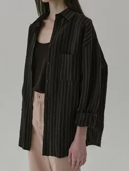 Винтажные блузки в полоску с карманами, женские осенние однобортные Модные простые рубашки с длинным рукавом, повседневная элегантная куртка, топы, женские - Изображение 2  
