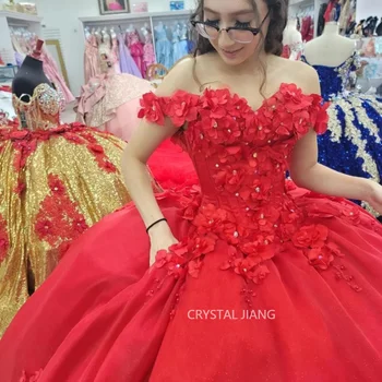 Винтажные длинные красные платья с открытыми плечами, атласные пышные платья, бальное платье, бусы, хрустальные 3D цветы, праздничное платье - Изображение 1  