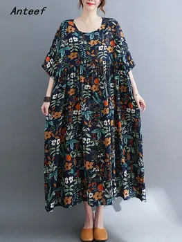 Винтажные платья с цветочным рисунком из хлопка размера оверсайз с коротким рукавом Anteef, повседневное свободное длинное летнее пляжное платье, элегантная одежда 2023 г. - Изображение 1  