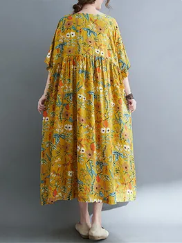 Винтажные платья с цветочным рисунком из хлопка размера оверсайз с коротким рукавом Anteef, повседневное свободное длинное летнее пляжное платье, элегантная одежда 2023 г. - Изображение 2  