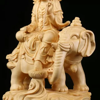 Деревянная статуя Манджушри-Самантабхадры, статуя Будды ручной работы из цельного дерева, украшения для дома по фэн-шуй 14 см-5,50 дюйма - Изображение 2  