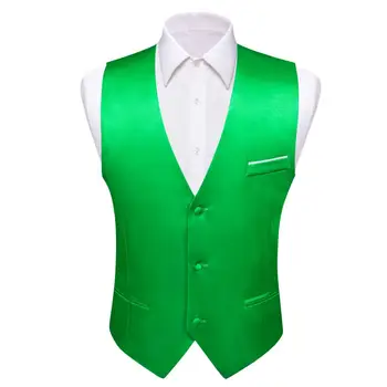 Дизайнерский жилет для мужчин, шелковый атлас, зеленый, однотонный, приталенный жилет, Официальная деловая куртка без рукавов Barry Wang - Изображение 1  