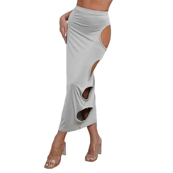 Женская обтягивающая юбка макси, повседневная юбка с вырезами, эластичная талия, круглый вырез сбоку, однотонная юбка с запахом на бедрах для повседневного отдыха - Изображение 2  