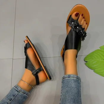 Женская обувь 2023 года, высококачественные летние женские босоножки на открытом воздухе, Однотонные женские босоножки с открытым носком на низком каблуке, Большие римские сандалии-стринги большого размера - Изображение 2  