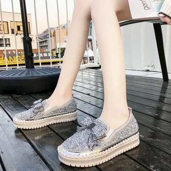 Женская обувь 2024 года с круглым носком, балетки на платформе с мелким вырезом, однотонные универсальные платья Crystal Creepers, повседневная мода на маленьких - Изображение 2  