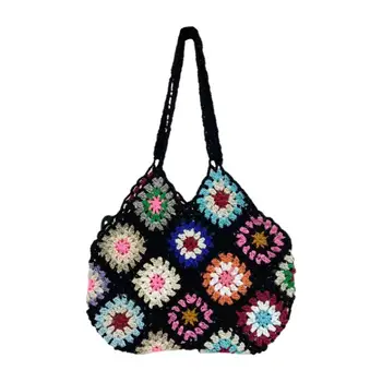 Женская сумка-тоут с цветочным рисунком, вязаная крючком, большой емкости, винтажная многоцветная открытая сумка, дорожная сумка для покупок - Изображение 1  