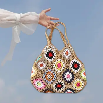 Женская сумка-тоут с цветочным рисунком, вязаная крючком, большой емкости, винтажная многоцветная открытая сумка, дорожная сумка для покупок - Изображение 2  