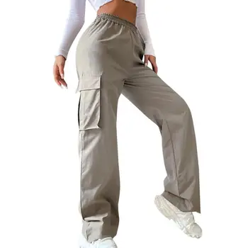 Женские брюки-карго, брюки с боковым карманом с клапаном, Однотонные Женские брюки с эластичной резинкой на талии, широкие брюки, повседневные Корейские джоггеры, спортивные брюки - Изображение 2  
