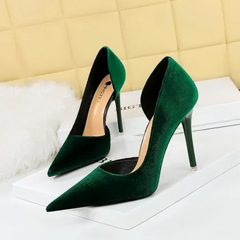 Женские туфли-лодочки BIGTREE Shoes 2023, босоножки в корейском стиле на тонком высоком каблуке из флока с острым носком, 10 см, женская обувь черного цвета - Изображение 1  