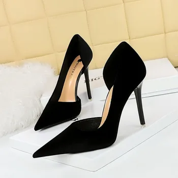 Женские туфли-лодочки BIGTREE Shoes 2023, босоножки в корейском стиле на тонком высоком каблуке из флока с острым носком, 10 см, женская обувь черного цвета - Изображение 2  