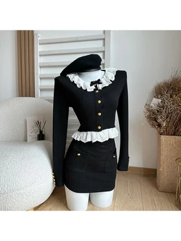 Женский Черный готический комплект из двух предметов, винтажная рубашка с длинным рукавом и мини-юбка трапециевидной формы 90-х годов, Y2k, Корейская элегантная одежда Kawaii 2023 - Изображение 1  