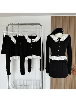 Женский Черный готический комплект из двух предметов, винтажная рубашка с длинным рукавом и мини-юбка трапециевидной формы 90-х годов, Y2k, Корейская элегантная одежда Kawaii 2023 - Изображение 2  