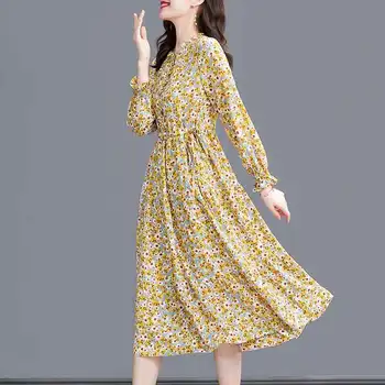Женское платье с разбитым цветком, осень 2023, повседневное платье с круглым вырезом, модная элегантная одежда для матери среднего возраста с длинными рукавами, дорогое женское платье - Изображение 2  