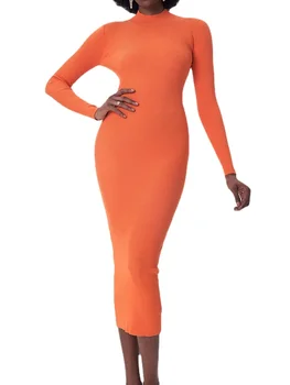 Женское трикотажное оранжевое платье миди с длинным рукавом, растягивающееся тонкое кофейное платье - Изображение 2  