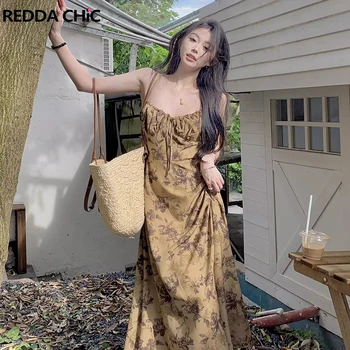 Женское цельное длинное платье Макси ReddaChic, Элегантный летний Свободный повседневный сарафан без рукавов с цветочным принтом, эстетичная винтажная одежда - Изображение 1  