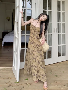 Женское цельное длинное платье Макси ReddaChic, Элегантный летний Свободный повседневный сарафан без рукавов с цветочным принтом, эстетичная винтажная одежда - Изображение 2  