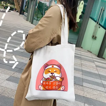 Забавный Японский Счастливый Милый Кот Ест Рамен, ест Лапшу, Женские Холщовые сумки через плечо в стиле Харадзюку, сумки-тотализаторы, сумки для покупок Eco Shopper - Изображение 2  